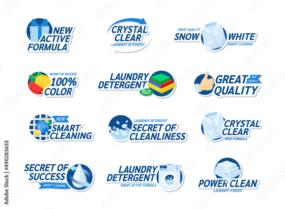 Laundry detergent logotype set. Commercial laundromat logo decorative design with washing machine