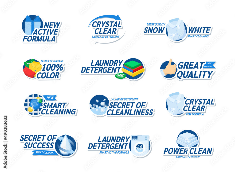 Laundry detergent logotype set. Commercial laundromat logo decorative