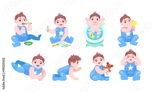 Cute baby boy set. Happy toddler daily activity eating porridge, drawing picture, taking bathroom