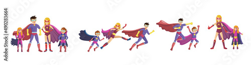 Superheroes smiling parents and their children in super hero costumes with cape and masks.