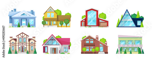 Retro and modern countryside houses set. Facade of suburb private building with triangle roofs