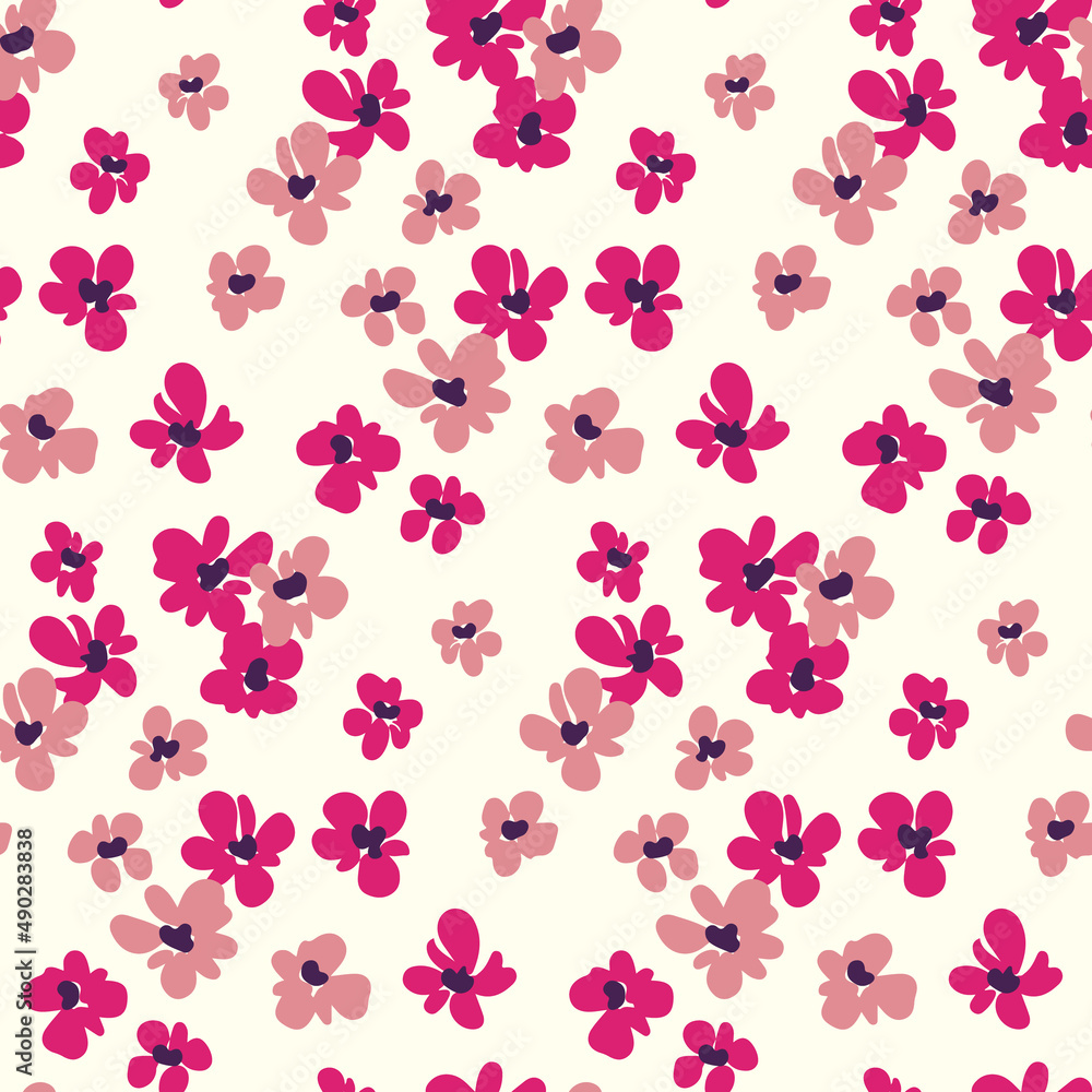 Seamless pattern with liberty pink flowers on a white field. Cute floral print, spring botanical background with small hand drawn flowers. Artistic floral surface with a simple design. Vector. Seamless pattern with liberty pink flowers on a white field. Cute floral print, spring botanical background with small hand drawn flowers. Artistic floral surface with a simple design. Vector.
