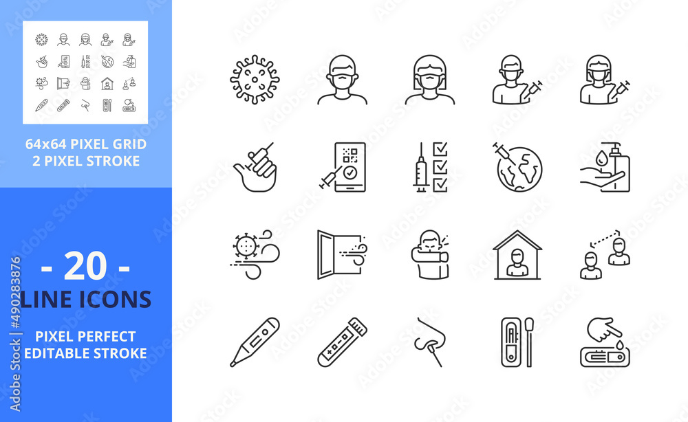 Line icons about COVID-19. Pixel perfect 64x64 and editable stroke Line icons about COVID-19. Pixel perfect 64x64 and editable stroke