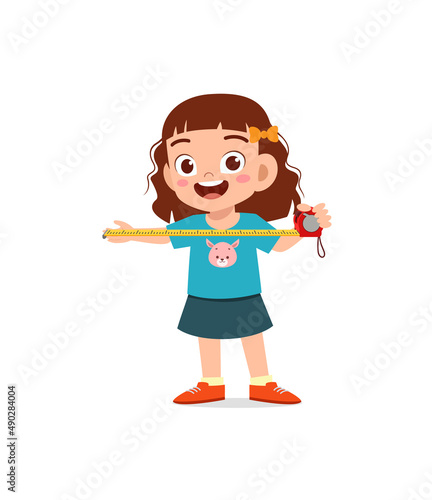 little girl holding measure tape and check length