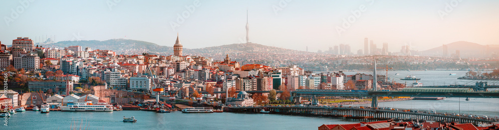 Istanbul. Panorama of the European part of the city and the Bosphorus. View of the old tower Galata Kulesi and Camlica TV Tower