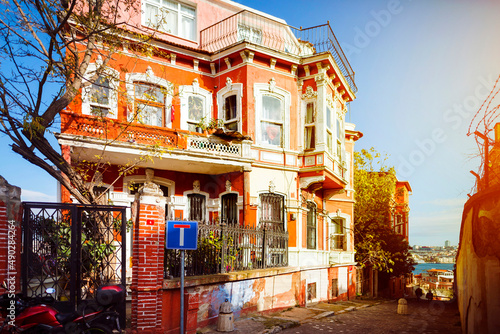 Photography TURKEY Istanbul, November 2021: Traditional colorful street and houses in Fener district in Balata district