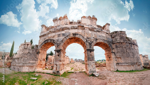 Fototapeta Naklejka Na Ścianę i Meble -  Amphitheater at the ruins of hierapolis in pamukkale, turkey. Unesco world heritage site in turkey. Ruined ancient city in europe. Turkey. Amphitheater. Columns
