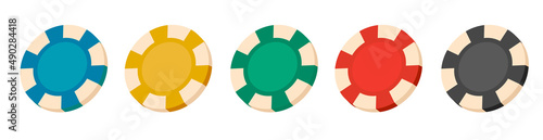 Chips casino vector or poker gambling coins 3d black blue yellow red green color icons flat cartoon modern design, bet game money blank empty editable isolated image on white background set