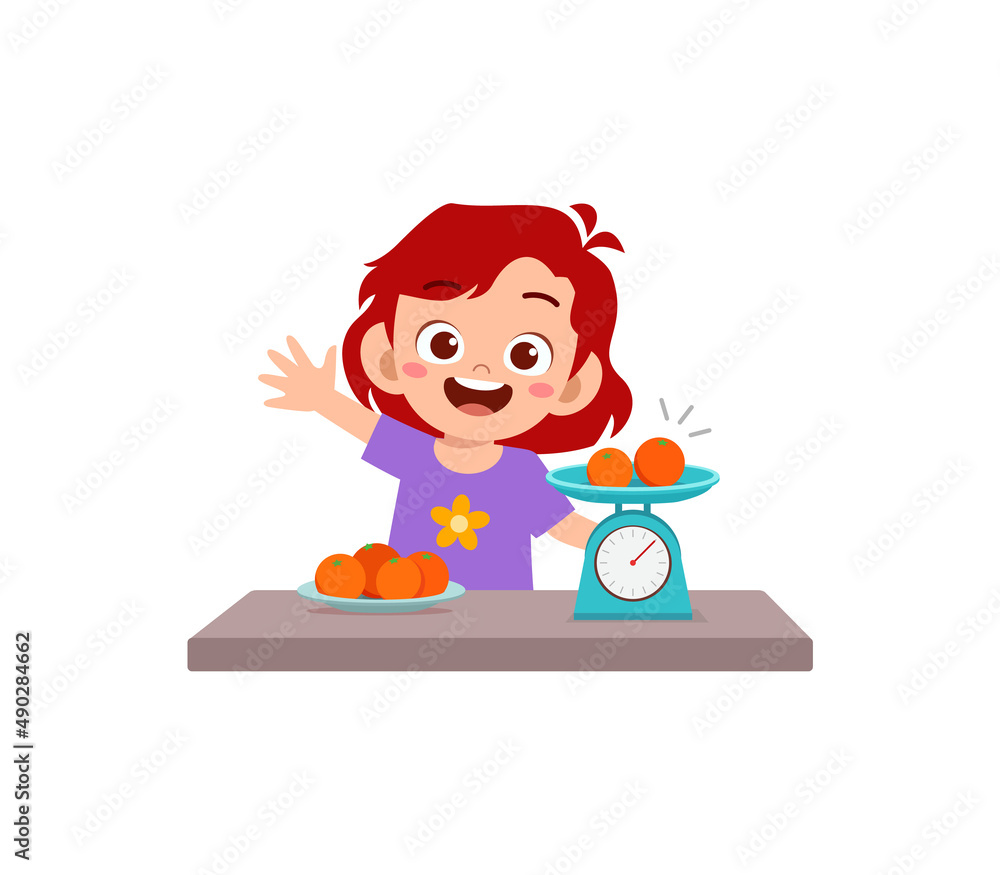 little girl measure weight of fruit using weighing scale