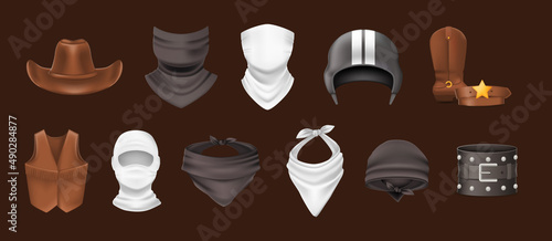 Protective costume disguise wear set. Hat, scarf, balaclava, sheriff shoes. Military protection