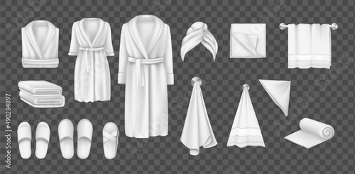 Bathhouse bathroom clothes and accessories set. Realistic white cotton male and female bathrobe photo