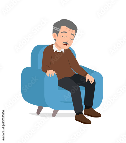 old man sit on sofa and feel sleepy