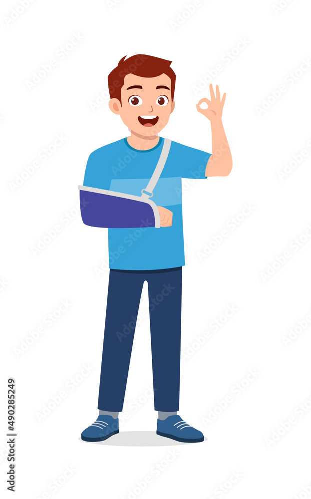 young man have broken arm bone and feel happy