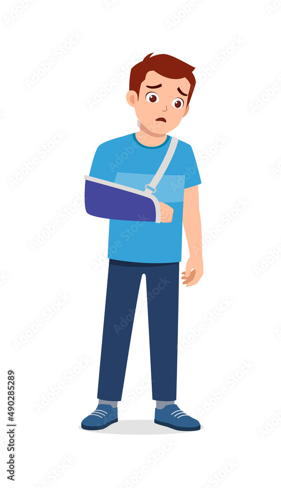 young man have broken arm bone and feel sad