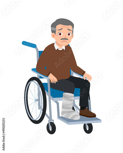 old man sit on wheelchair with broken bone