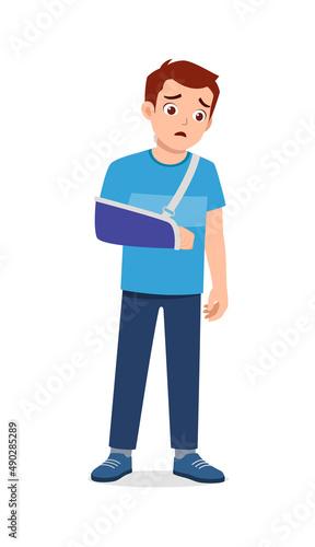 young man have broken arm bone and feel sad