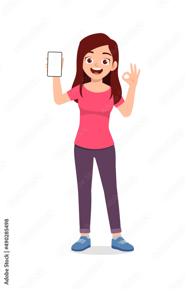 young woman show phone screen with ok gesture young woman show phone screen with ok gesture