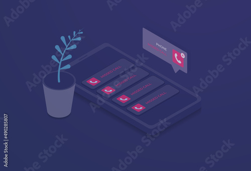 Smartphone with missing call notification concept. Mobile phone screen with a lot of messages about missed calls. Isometric vector illustration photo