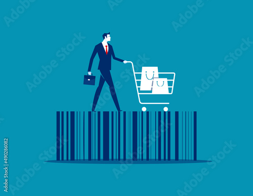 Customer and shopping cart over shop barcode. COnsumer shopping habit