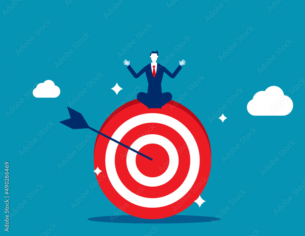 Businessman meditate sitting and focusing on big archer target. Stay focused and concentrate on business objective Businessman meditate sitting and focusing on big archer target. Stay focused and concentrate on business objective