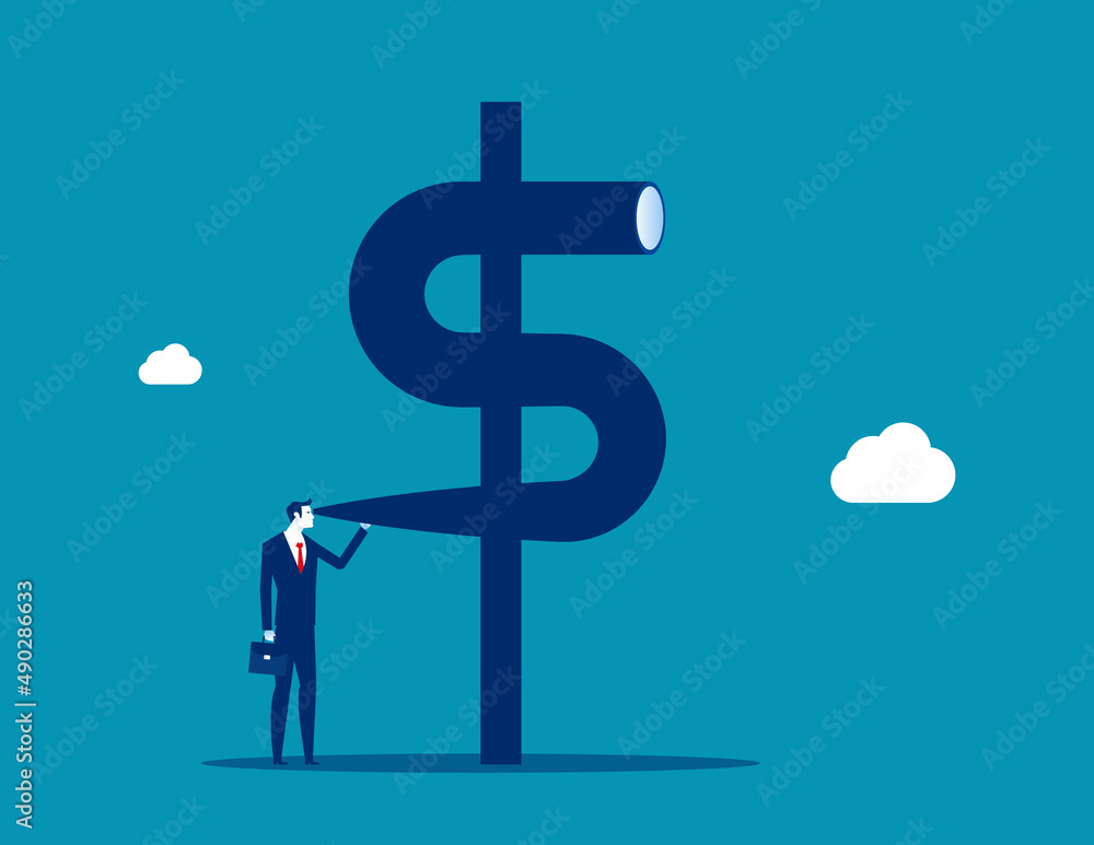 Businessman look into dollar sign telescope to see future. Investment opportunity discovery and financial vision Businessman look into dollar sign telescope to see future. Investment opportunity discovery and financial vision