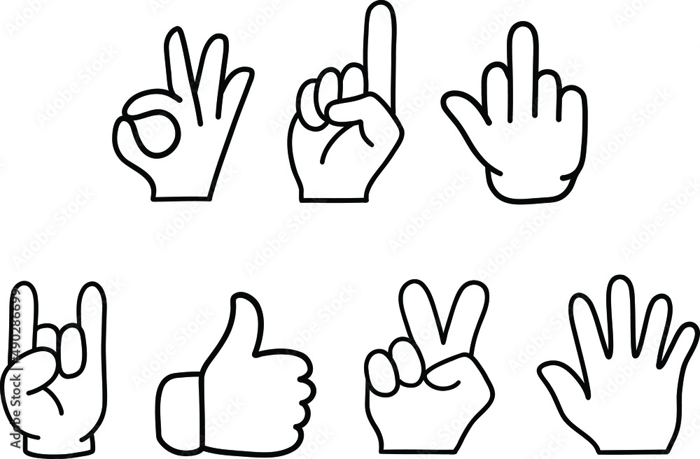 A set of 7 hand gestures. Simple Outline Icons. Thumbs up victory palm middle finger one rock and ok sign. A set of 7 hand gestures. Simple Outline Icons. Thumbs up victory palm middle finger one rock and ok sign.