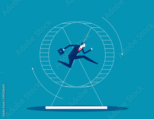 Business person running on hamster wheel. Pointless energy waste without future perspective and growth