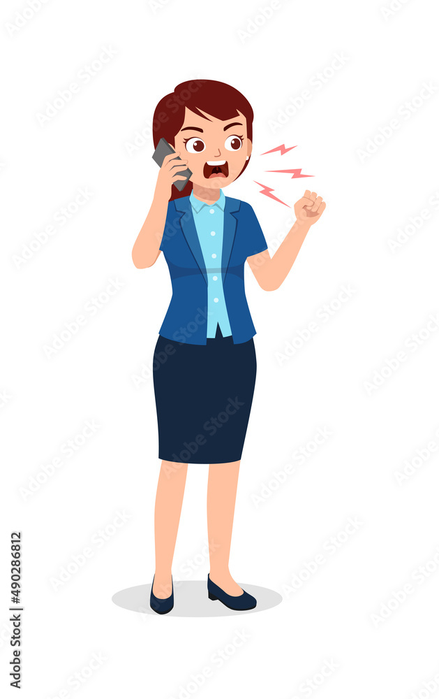 worker woman feel angry and scream to phone