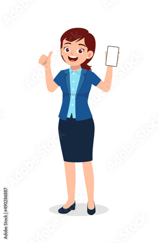 worker woman show phone screen with thumb up gesture