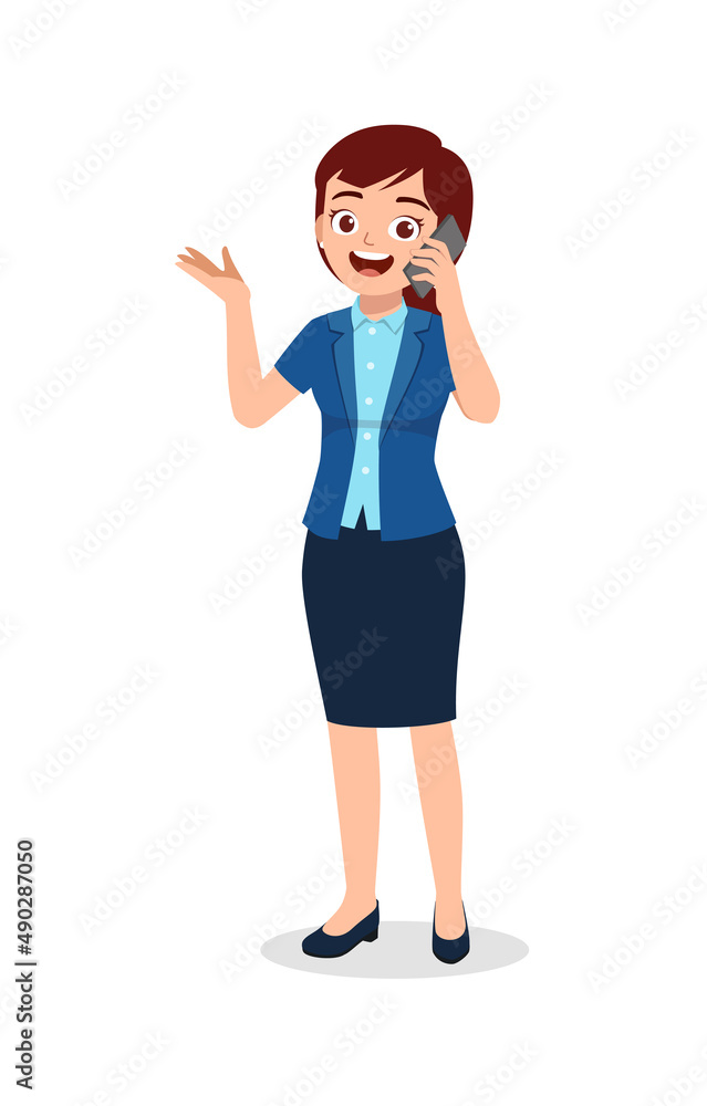 worker woman standing and talking using smartphone worker woman standing and talking using smartphone