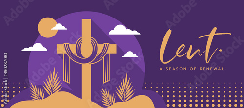 lent, a season of renewal text and gold Cross crucifix has a bandage in circle with palm leaves and sun on purple background vector design