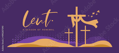 lent, a season of renewal text and gold three Cross crucifix on hill with bubble texture and bird flying on purple background vector design
