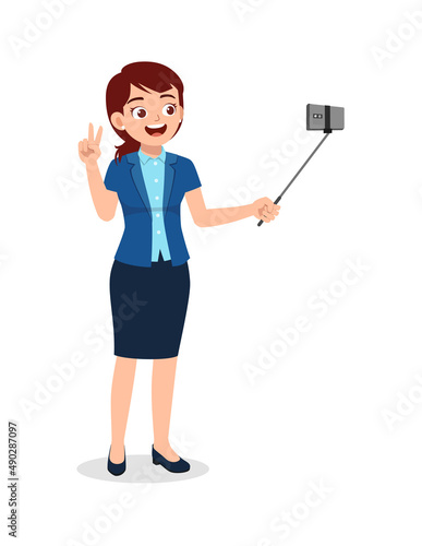 worker woman standing and take selfie photo