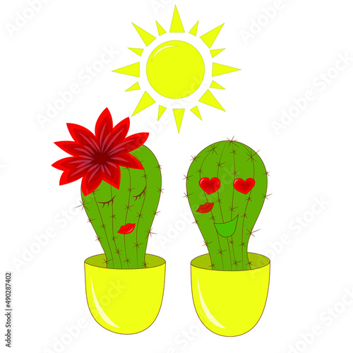 two cute green cactuses couple in love in yellow pots after kiss with red lips mark on the cheek under the yellow sun