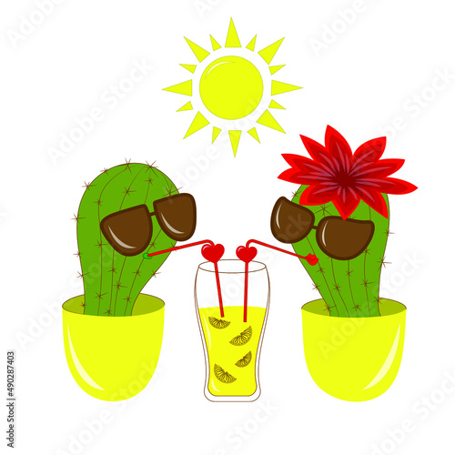 cute green cactus couple in love in sunglasses drink cocktail with straw on resort  in yellow pots under the yellow sun