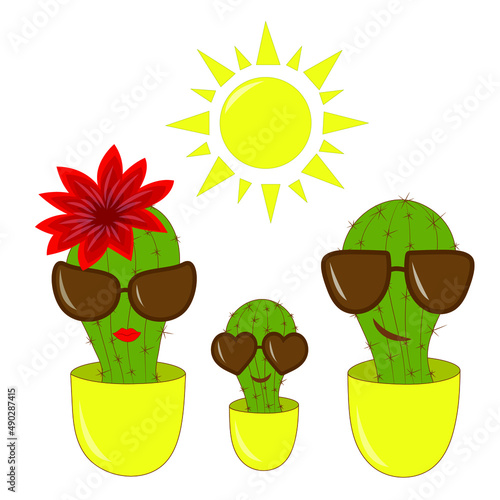 cute family green cactuses on the resort in yellow pots in sunglasses mother with red flower father kid smiling under yellow sun