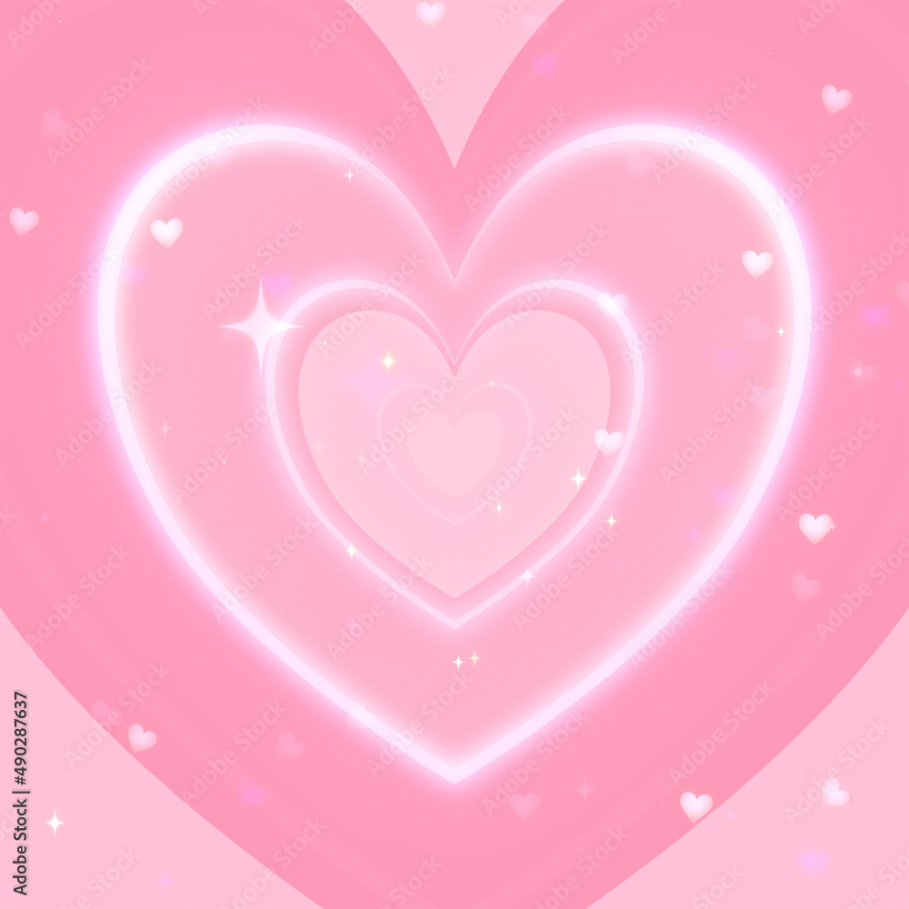 Cartoon style pink hearts background with glowing sparkles.