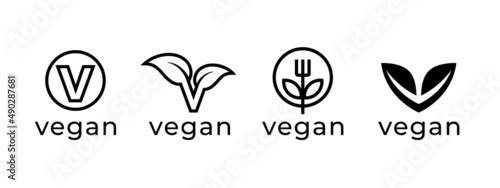 Vegan logo icon set. Plant based diet product label leaf symbols. Vegetarian food sign. Vector illustration.