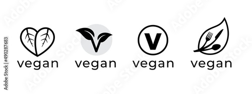 Vegan logo icon set. Plant based diet product label leaf symbols. Vegetarian food sign. Vector illustration.