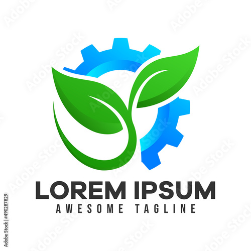 Gear leaf logo. The modern cogwheel and leaf logo are suitable for ecology themes, green eco-energy, technology, and industry. Vector illustration in colorful style