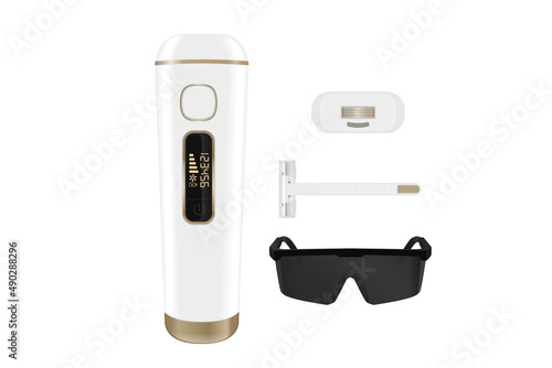 Home IPL device set for Laser Hair Removal permanent at home with Safety Glasses and razor. Beauty equipment with blank logo for mockup.