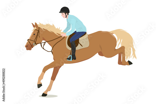 vector illustration of a rider sitting on a running and jumping horse, isolated on a white background. The theme of equestrian sports