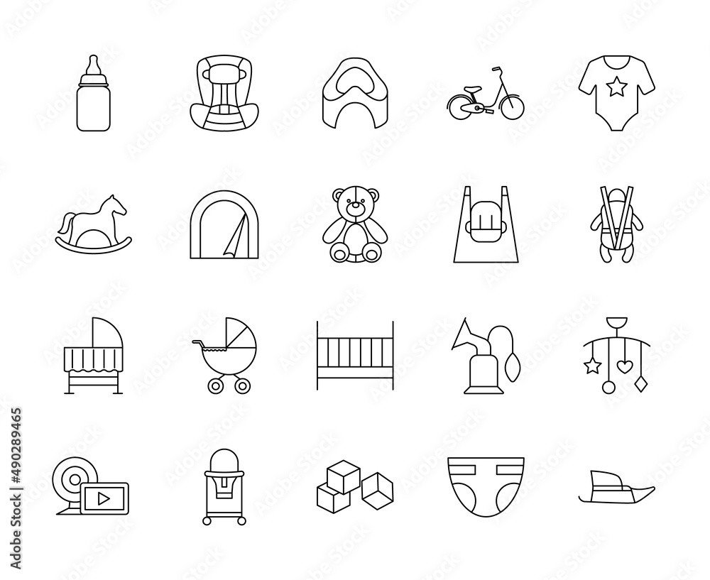 Children's goods store icons editable stroke. Baby online shop. children's clothes, kids toys, dummy, stroller, diaper, pacifier, potty, newborn goods