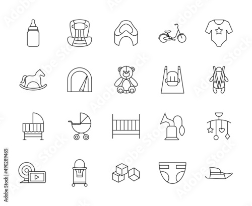 Children's goods store icons editable stroke. Baby online shop. children's clothes, kids toys, dummy, stroller, diaper, pacifier, potty, newborn goods