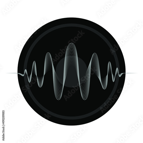 Sound wave graphic sign. Vibrations in form wave symbol in the circle isolated on white background. Audio wave diagram concept. Vector illustration