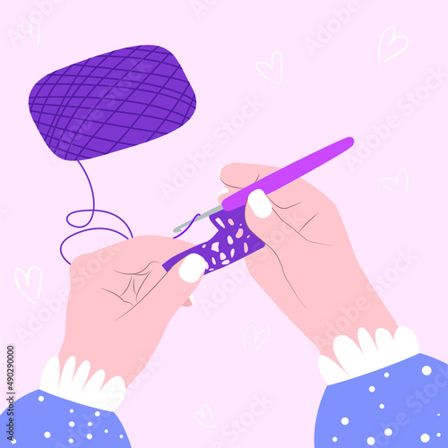 The girl is crocheting. Illustration in flat style. Hand with a crochet hook. concept of needlework, knitting, crocheting hobby.