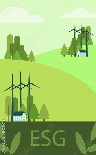 Poster design for sustainable living. ESG, green energy and sustainable industry. The concept of environmental, social and corporate governance, the development of alternative energy sources