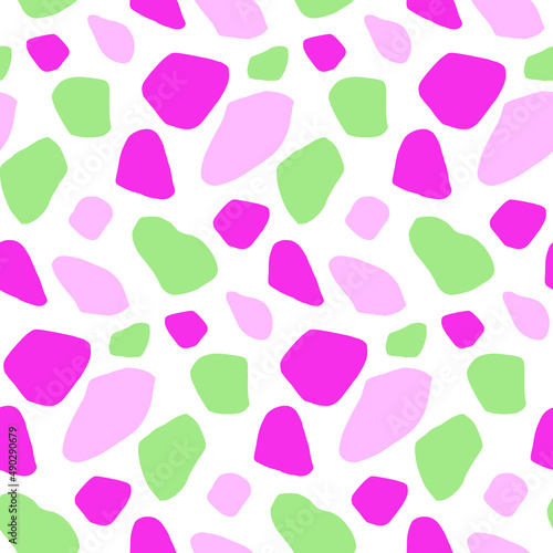 Colorful abstract shapes seamless pattern. Pink, green, violet terrazzo repeat print on white background. Mosaic ornament.