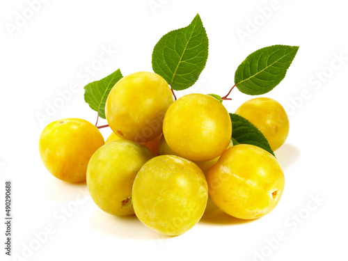 Mirabelle Plums with Leaves on white Background Isolated
