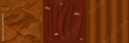 Set ground texture with stones, soil top view in cartoon style seamless. Collection game interface background, brown earth. 